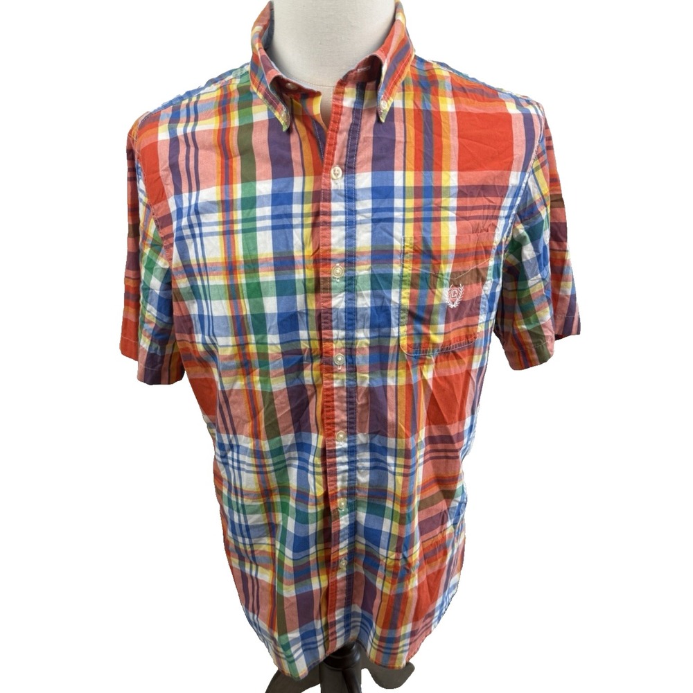 Chaps Mens Easy Care Short Sleeve Plaid Button Down Shirt Large
